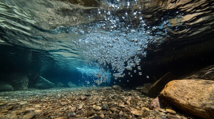 Bubbles rising from the ocean floor. Bubbles under crystal clear water at the bottom of the ocean.