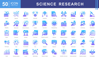 Science Research icon collection set. Containing contributing, systematic, interpretation, evaluation data, planned, scientific studies, socialized icon. Simple vector illustration.