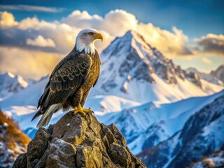 Fototapeta premium High-resolution candid photo of a bald eagle perched on a rock in the snowy American mountains; a national bird's winter majesty.