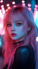Naklejka premium Young woman with pink hair and striking blue eyes illuminated by colorful lights.