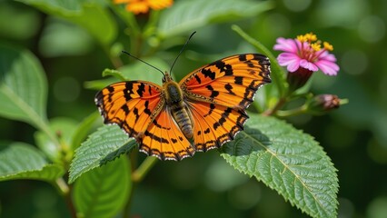 Obraz premium A vibrant orange and black butterfly sprawls across the frame, its stunning wings spread wide, black spots glistening in the sunlight
