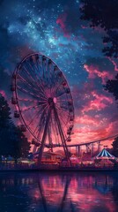A colorful ferris wheel illuminated at dusk, reflecting on still waters, evoking joy.