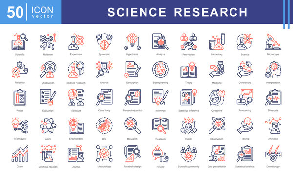 Science Research icon collection set. Containing contributing, systematic, interpretation, evaluation data, planned, scientific studies, socialized icon. Simple vector illustration.