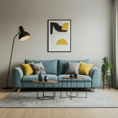 Modern living room interior, minimalist abstract art, light blue sofa, yellow accent pillows, round coffee tables, sleek floor lamp, potted plant, gray rug, textured white wall, contemporary design, m