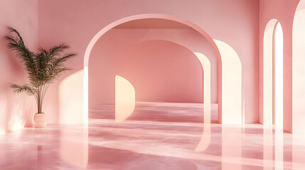 A serene interior featuring soft pink tones and arches, creating a tranquil atmosphere.