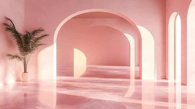 A serene interior featuring soft pink tones and arches, creating a tranquil atmosphere.