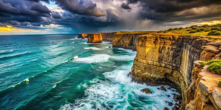Ocean waves crash against dramatic coastal cliffs, a breathtaking seascape.