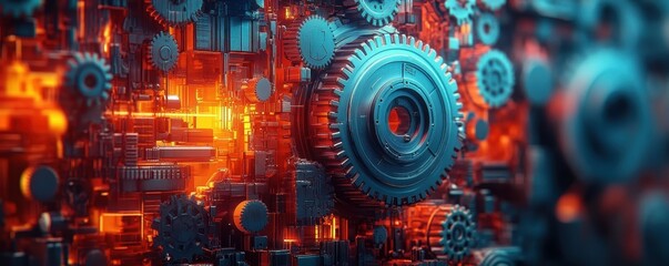 Obraz premium Intricate Network of Interlocking Gears and Mechanical Parts Illuminated in Warm Red and Orange Hues Creating a Futuristic Industrial Aesthetic