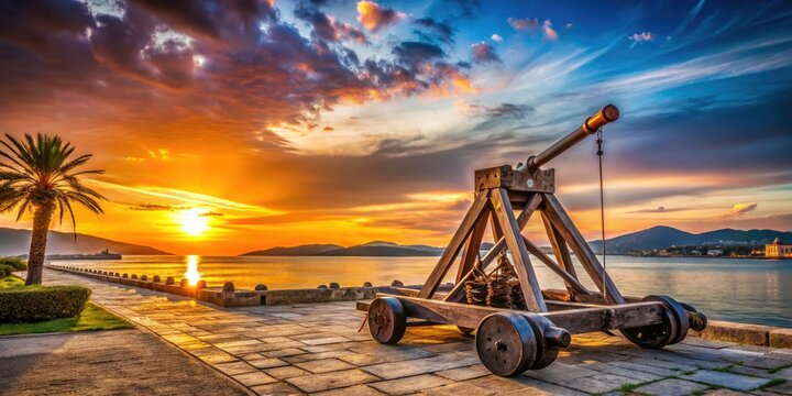 Sardinian sunset, Alghero: antique catapult silhouetted against the sea in a double exposure.