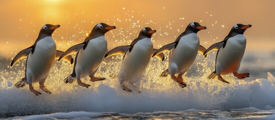Obraz premium Five penguins jumping over waves at sunset.