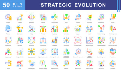 Strategic Evolution icon collection set. Containing growth, transformation, adaptation, change, progress, development, innovation icon. Simple vector illustration.