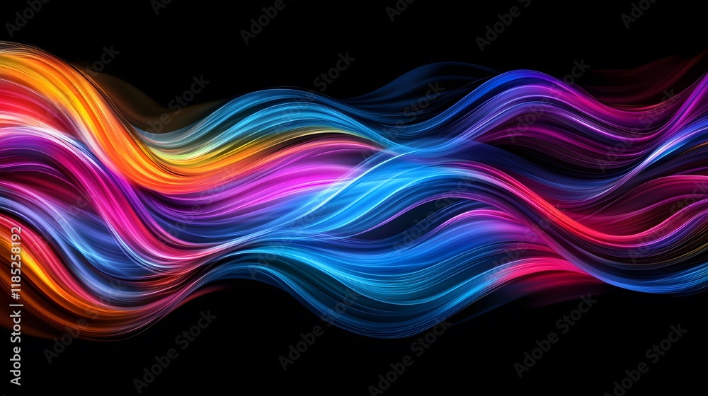Wall mural abstract colorful waves flowing dynamically across black background