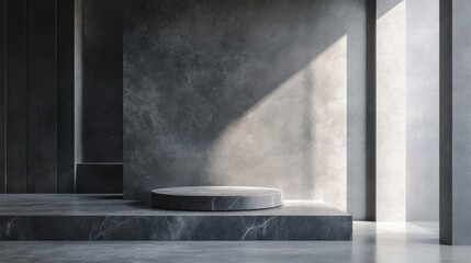 a round concrete pedestal in a room with a window
