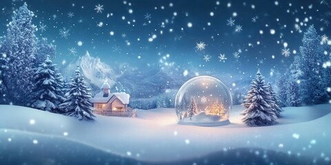 Magical Christmas snow globe, snowy winter scenery, panorama.