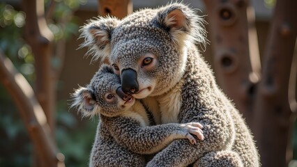 Fototapeta premium A tender moment between a gentle mother koala and her adorable joey, both sporting soft gray and white fur, as they gaze lovingly into the lens