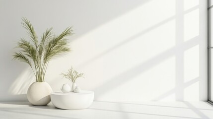 a white vase and a plant in a room