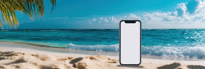Mobile phone mockup on the tropical beach near sea, holiday internet concept panorama. 