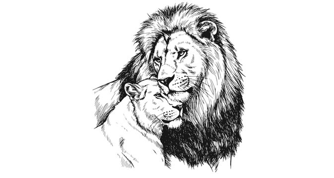 Leos. A lion embraces a lioness. Graphic, digital portrait of lions in love on a white background. Digital vector graphics.
