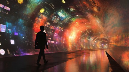 Fototapeta premium Silhouette Man Walking Through Vibrant Digital Tunnel