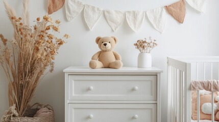 a teddy bear sitting on top of a dresser