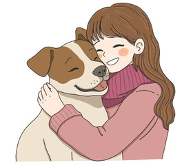 Hug Day vector illustration on white background.Illustration of Girl Embracing a Happy Dog