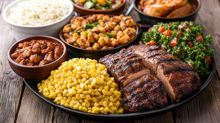 Obraz premium Delicious dinner platter featuring grilled meat, corn, and sides