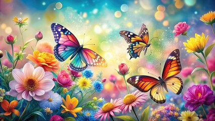 Abstract Geometric Background with Butterflies and Flowers in Bokeh Effect for Floral Home Decor, Packaging Designs, and Decorative Textures