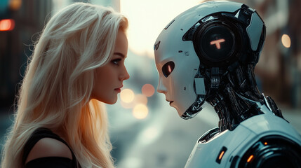 Fototapeta premium Beautiful pretty blonde woman and a futuristic white humanoid robot face to face, symbolizing connection between humanity and technology. AI technologies. Valentine's Day.