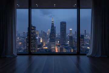 Empty room Interior Skyscrapers View Bangkok. Downtown City Skyline Buildings from High Rise Window. Beautiful Expensive Real Estate overlooking. Night time.