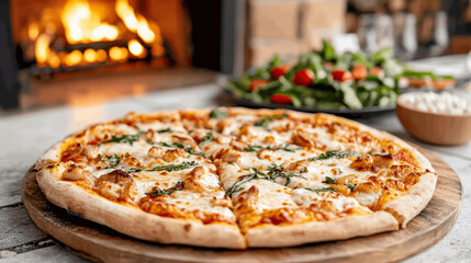 Delicious pizza with fresh toppings, served beside cozy fireplace