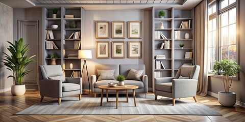 Aerial View of a Neutral-Toned Room with Vertical Frames, Grey Armchairs, Coffee Table, and Books for Interior Design Inspiration