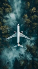 Fototapeta premium Aerial view of an airplane flying above a lush forest and misty surroundings.