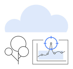Cloud icon above line graph panel with data points, target marker, minimal tree shapes. Ideal for data analytics, environment, cloud computing, sustainability, analysis reports, technology
