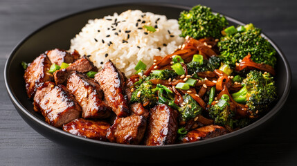 Fototapeta premium Delicious Asian dinner with grilled meat, rice, and vegetables