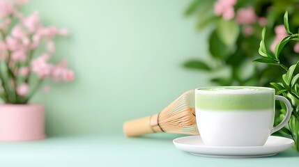Matcha latte in white cup with whisk, pink flowers, and green leaves on a mint background.