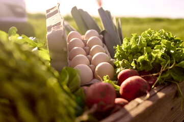 Eier und Gem&uuml;se auf einem Feld in einem Korb