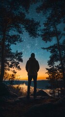Fototapeta premium Silhouette of a young man against a starry sky and serene landscape at dusk.
