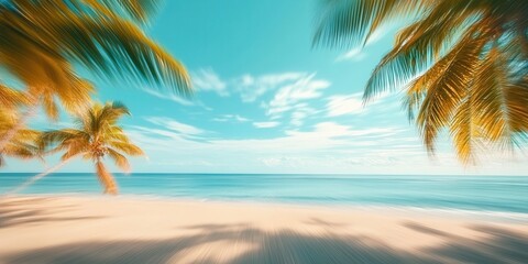 Obraz premium Summers Paradise A blurred background of a beautiful sandy beach with palm trees and a blue sky, a perfect summer vacation concept banner