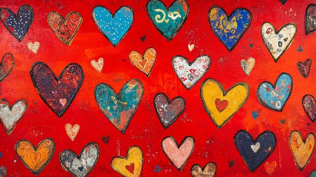 A vibrant canvas filled with many colorful hand-painted hearts, expressing love and joy. This artwork is a beautiful representation of emotions and affection.