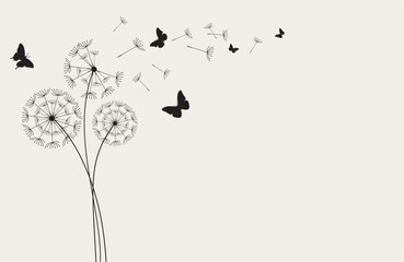 Dandelion with flying butterflies and seeds, vector illustration. Vector isolated decoration element from scattered silhouettes.