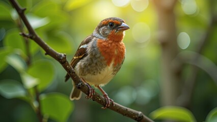 Fototapeta premium A majestic male finch perched on a slender brown branch, gazing to the right with bright plumage against a softly blurred background