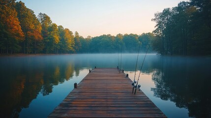 Obraz premium Serene sunrise over misty lake with fishing rods on dock.