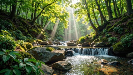Majestic forest scene with tumbling waterfall, surrounded by lush greenery and moss-covered boulders, set against a tranquil pool of water