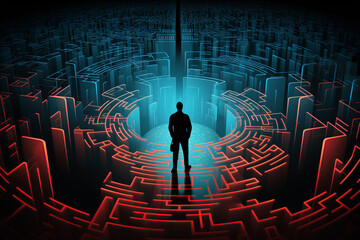 Man standing in futuristic maze in digital style in blue and red colors.