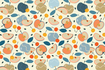 Apples and cherry fruit abstract design seamless repeat pattern