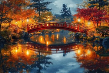 Autumn Night in Japanese Garden with Red Bridge Reflections Warm Lanterns and Colorful Maple Trees