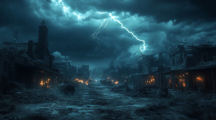 A dark, apocalyptic Wild West scene, ruined saloons and broken wagons