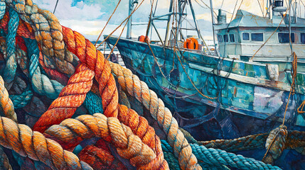 Obraz premium Fishing nets and ropes on steveston public docks, ropes, boats. Stormstone. Illustration