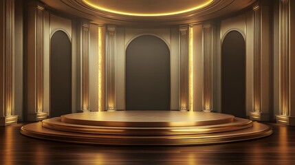 Abstract dark interior with concrete floor and round podium