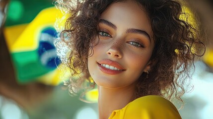Happy Brazilian girl celebrating team victory with flag in the vibrant golden hour light